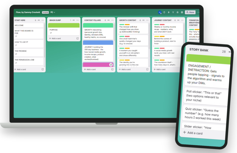 The FLOW content planning board on a laptop and phone